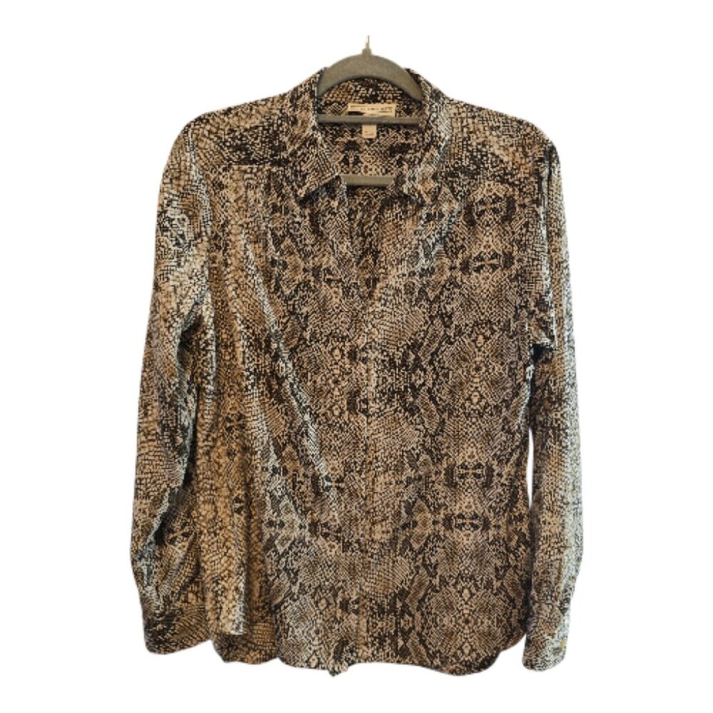 DANA BUCHMAN SIZE LARGE BLOUSE SNAKESKIN PRINT BUTTON UP SHIRT